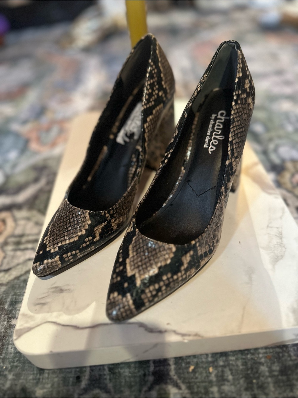 Charles by Charles David Black and Tan Snake-Print Pointed Toe Pumps